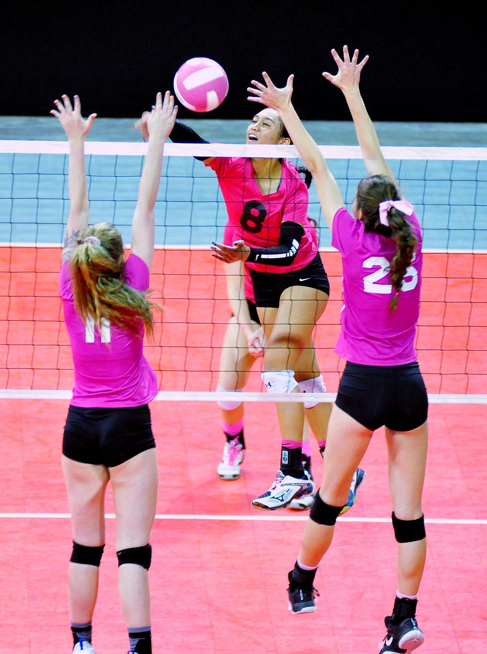 Bradshaw Mountain's Mailani Manuel gets a kill as the Bears played Prescott in the Mile High Battle Against Cancer volleyball match at the Prescott Valley Event Center Tuesday, Oct. 23, 2018.(Les Stukenberg/Courier)