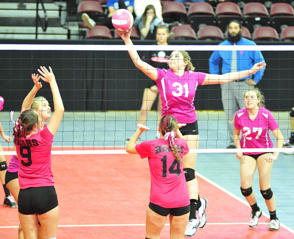 Prescott's Alyssa Wasil gets a kill over as the Badgers played Bradshaw Mountain in the Mile High Battle Against Cancer volleyball match at the Prescott Valley Event Center Tuesday, Oct. 23, 2018.(Les Stukenberg/Courier)