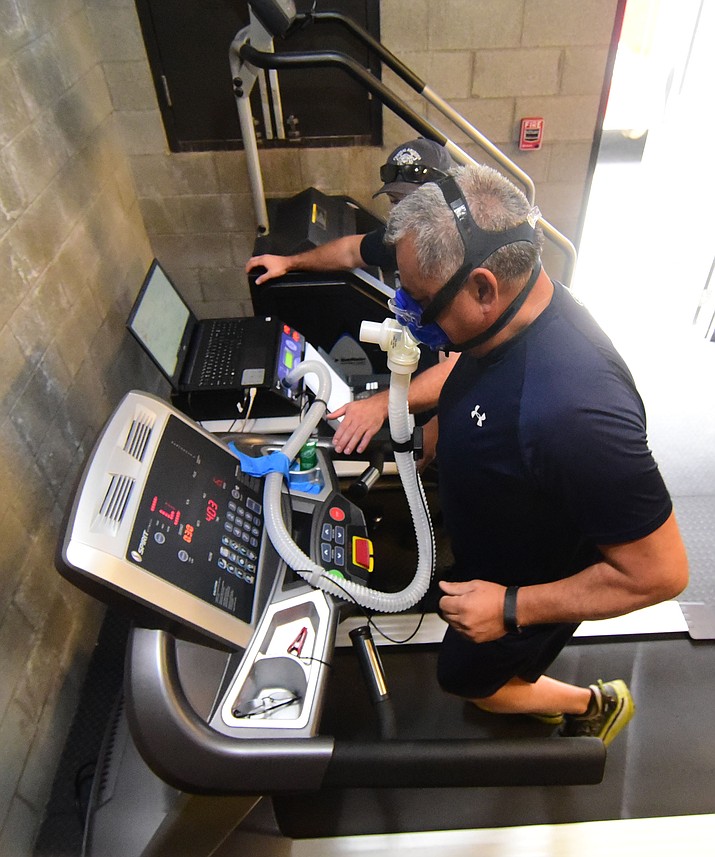 Central Arizona Fire’s Charlie Ruiz goes through the VO2 max evaluation during their annual physical evaluation at the Central Arizona Regiontal Training Academy Tuesday, Oct. 23, 2018 in Prescott Valley. (Les Stukenberg/Courier)