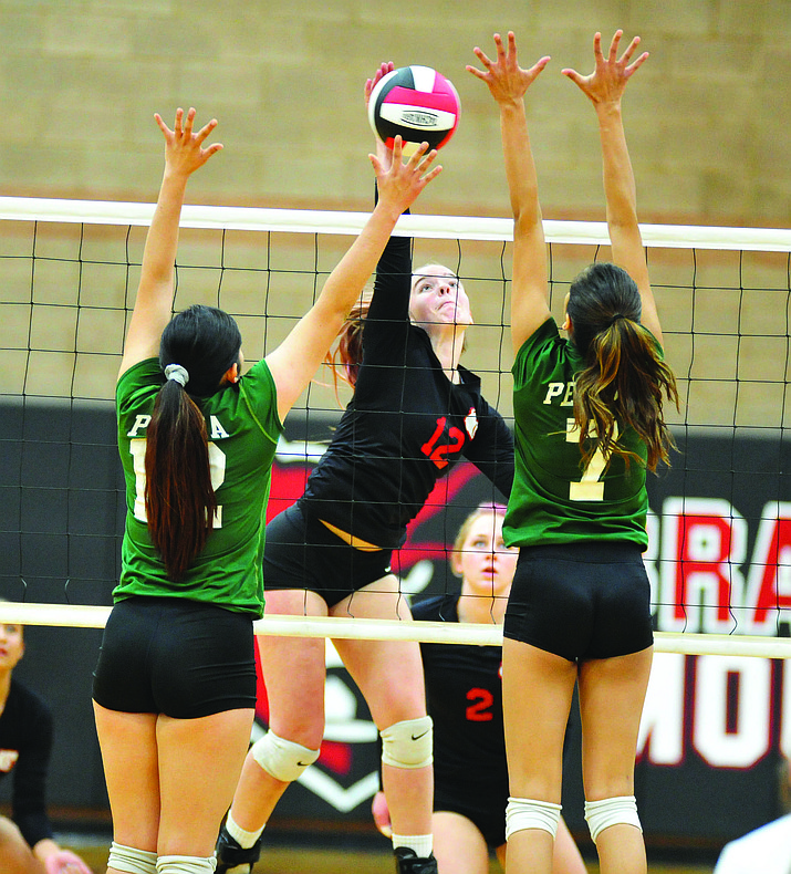Bradshaw Mountain’s Jordyn Moser sends down a kill as the Bears face Peoria on Oct. 25, 2018, in Prescott Valley in a play-in game for the AIA 4A State Volleyball Tournament. (Les Stukenberg/Courier)
