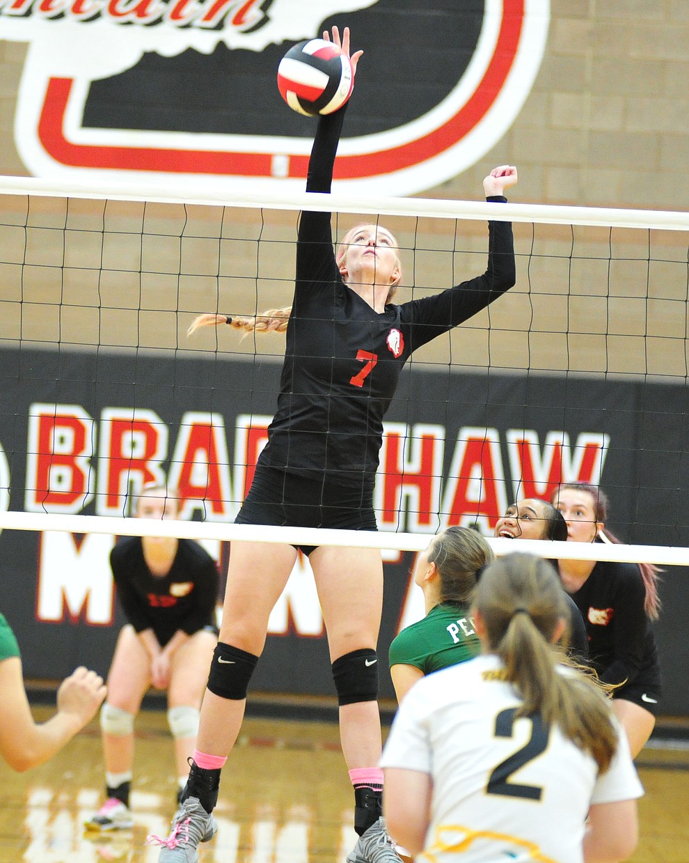 Bradshaw Mountain's Rylee Bundrick slams down a kill as the Bears play in the play-in game for the AIA 4A State Volleyball Tournament against Peoria Thursday, Oct. 25, 2018 in Prescott Valley. (Les Stukenberg/Courier).