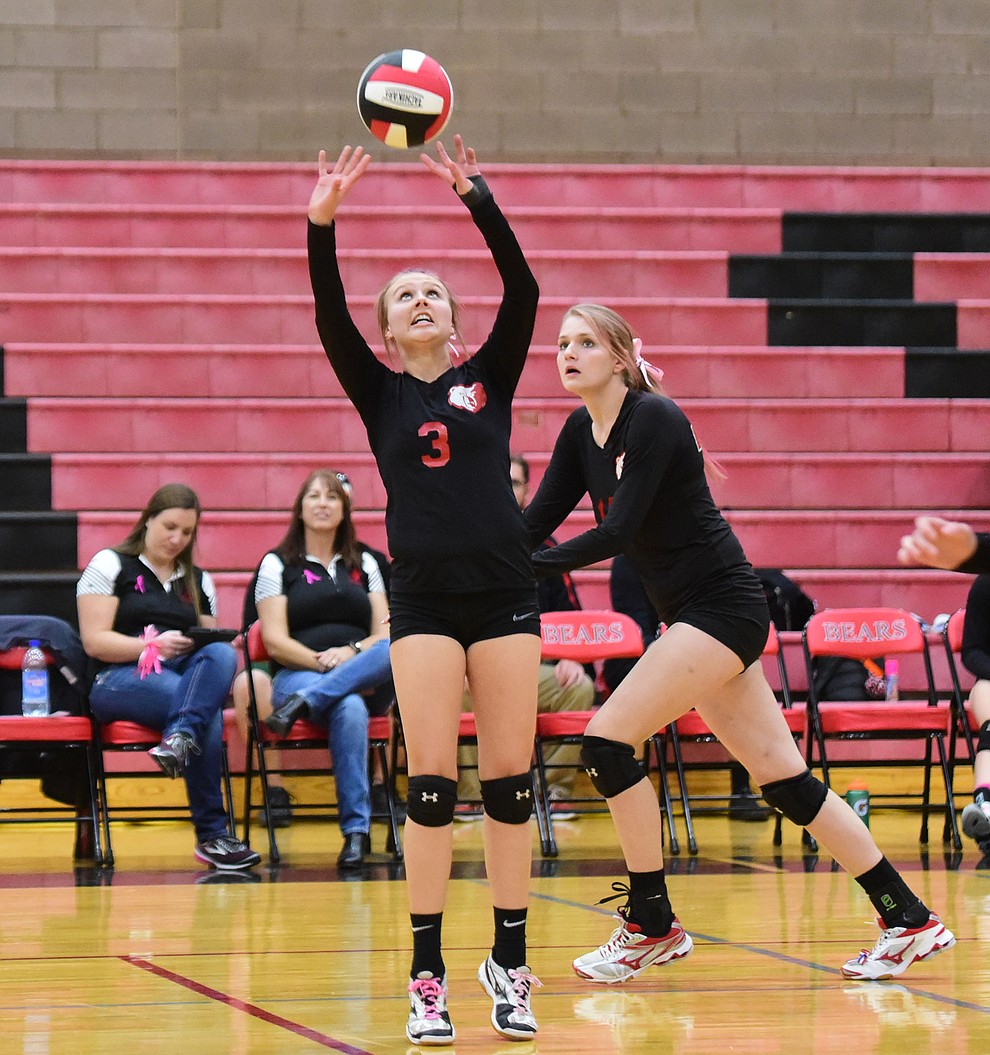 Bradshaw Mountain's McKell Clifford sets the ball as the Bears play in the play-in game for the AIA 4A State Volleyball Tournament against Peoria Thursday, Oct. 25, 2018 in Prescott Valley. (Les Stukenberg/Courier).