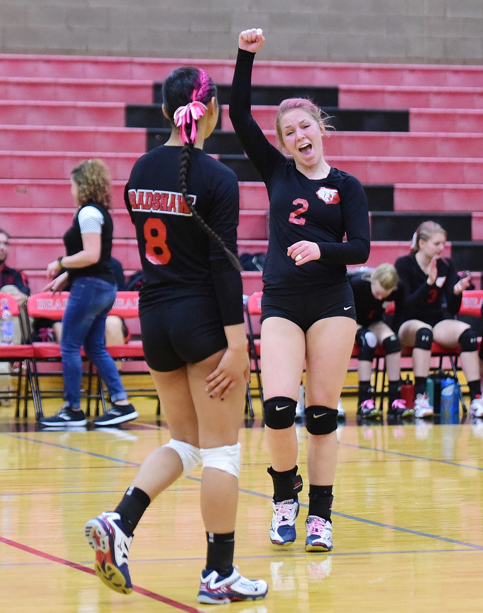 Bradshaw Mountain's Saylor Ford reacts after winning their second game as the Bears play in the play-in game for the AIA 4A State Volleyball Tournament against Peoria Thursday, Oct. 25, 2018 in Prescott Valley. (Les Stukenberg/Courier).