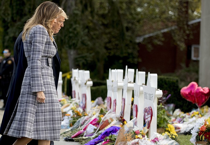 President Donald Trump and first lady Melania Trump walk past a memorial outside Pittsburgh's Tree of Life Synagogue in Pittsburgh, Tuesday, Oct. 30, 2018. (Andrew Harnik/AP)