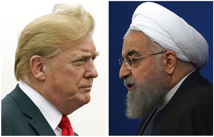 This combination of two pictures shows U.S. President Donald Trump, left, on July 22, 2018, and Iranian President Hassan Rouhani on Feb. 6, 2018. The Trump administration is announcing the reimposition of all U.S. sanctions on Iran that had been lifted under the 2015 nuclear deal. The Trump administration is announcing the reimposition of all U.S. sanctions on Iran that had been lifted under the 2015 nuclear deal. (AP Photo)