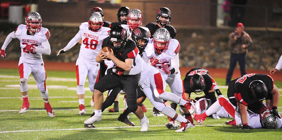 Bradshaw Mountain's Logan Brannan battles for yards as the Bears take on the Mingus Marauders in the first round of the AIA 4A State Football Championship Friday, Nov. 2, 2018 in Prescott Valley. (Les Stukenberg/Courier).