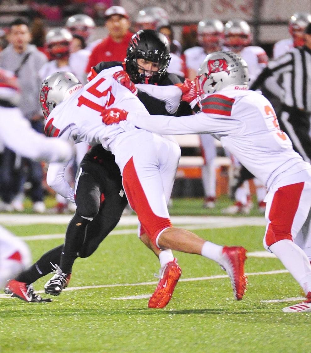 Bradshaw Mountain's Alex Cabral makes a first down as the Bears take on the Mingus Marauders in the first round of the AIA 4A State Football Championship Friday, Nov. 2, 2018 in Prescott Valley. (Les Stukenberg/Courier).