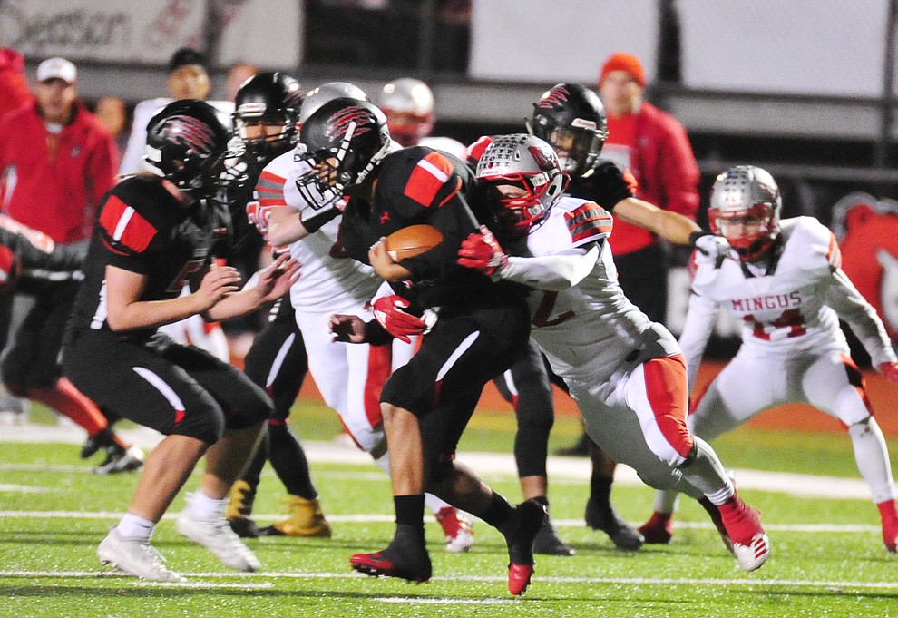 Bradshaw Mountain's Roberto Gonzalez battles for yards as the Bears take on the Mingus Marauders in the first round of the AIA 4A State Football Championship Friday, Nov. 2, 2018 in Prescott Valley. (Les Stukenberg/Courier).