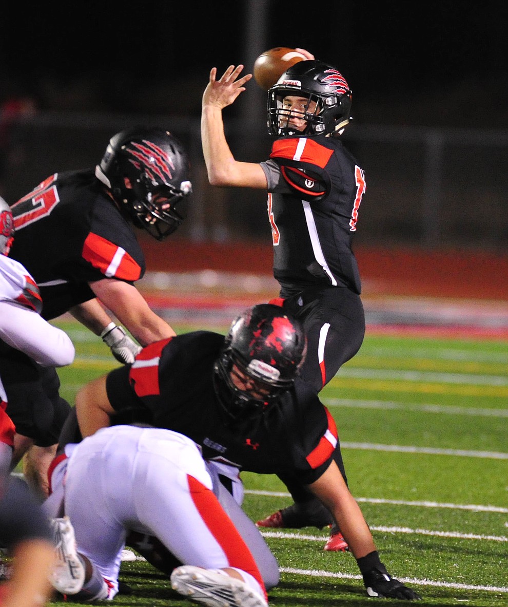 Bradshaw Mountain's Austin Gonzalez sets to throw as the Bears take on the Mingus Marauders in the first round of the AIA 4A State Football Championship Friday, Nov. 2, 2018 in Prescott Valley. (Les Stukenberg/Courier).