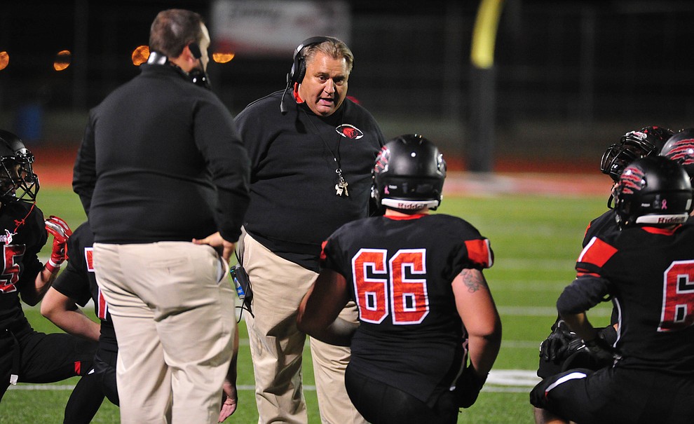 Bradshaw Mountain's Chuck Moller talks to his team late in the game as the Bears take on the Mingus Marauders in the first round of the AIA 4A State Football Championship Friday, Nov. 2, 2018 in Prescott Valley. (Les Stukenberg/Courier).
