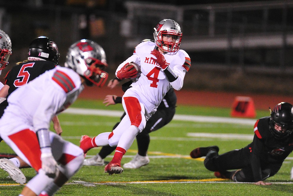 Mingus' Nick Bloniarz runs for yards as the Marauders take on Bradshaw Mountain in the first round of the AIA 4A State Football Championship Friday, Nov. 2, 2018 in Prescott Valley. (Les Stukenberg/Courier).