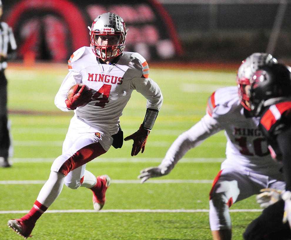 Mingus' Nick Bloniarz runs for yards as the Marauders take on Bradshaw Mountain in the first round of the AIA 4A State Football Championship Friday, Nov. 2, 2018 in Prescott Valley. (Les Stukenberg/Courier).