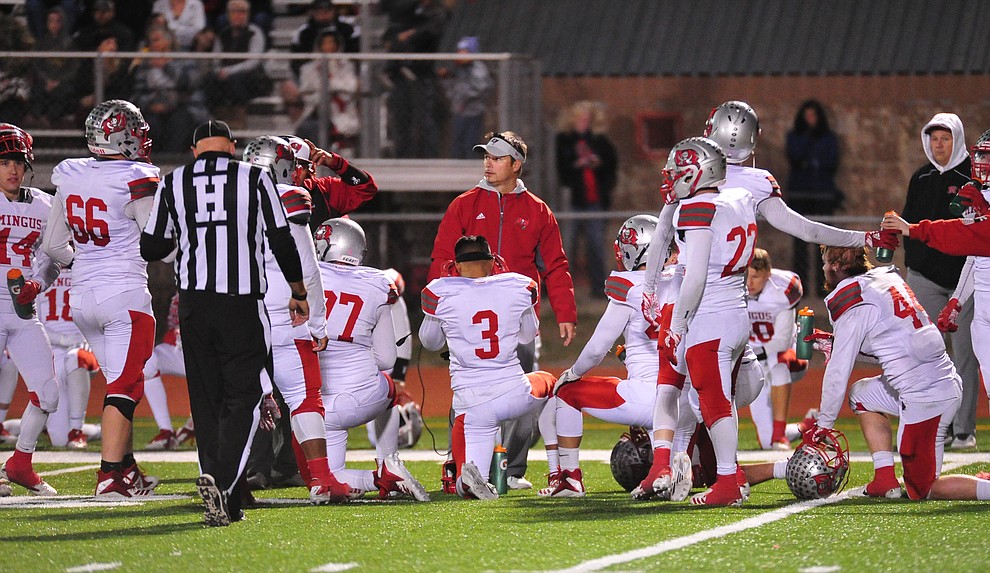 Mingus' Robert Ortiz talks to his team as the Marauders take on Bradshaw Mountain in the first round of the AIA 4A State Football Championship Friday, Nov. 2, 2018 in Prescott Valley. (Les Stukenberg/Courier).