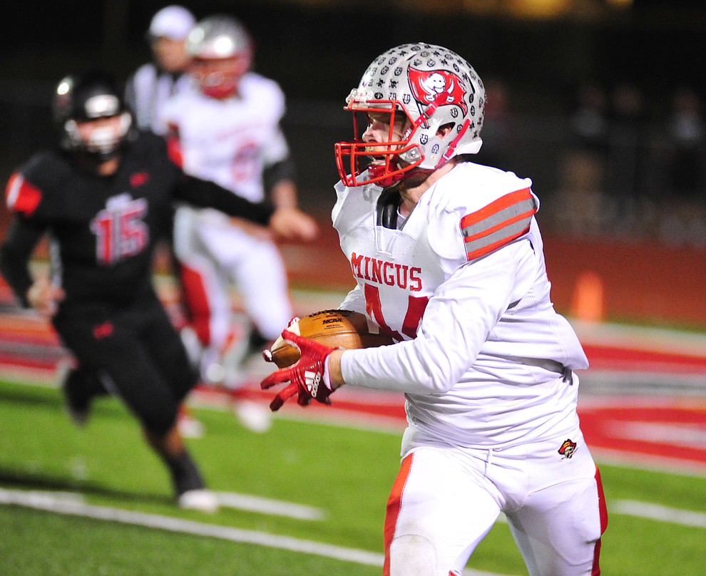 Mingus' Kendrew Streck looks for running room as the Marauders take on Bradshaw Mountain in the first round of the AIA 4A State Football Championship Friday, Nov. 2, 2018 in Prescott Valley. (Les Stukenberg/Courier).