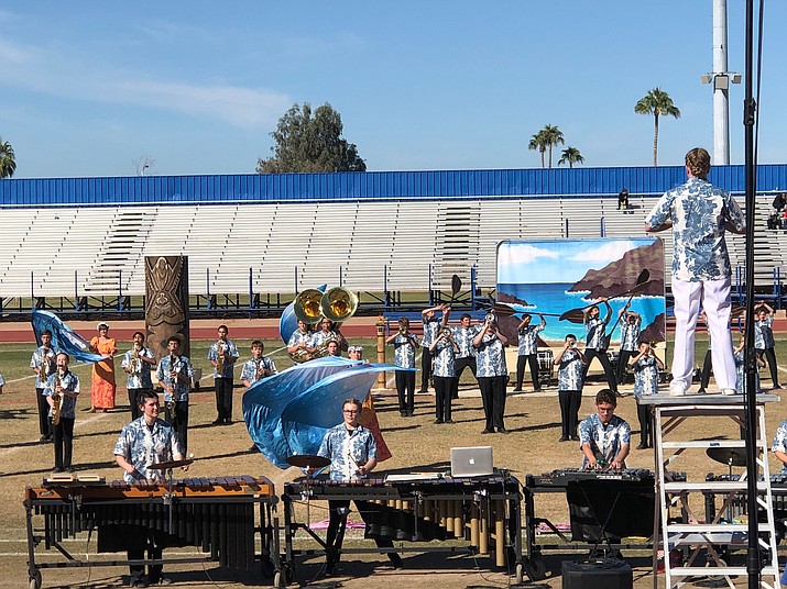 The Prescott High School band performs “The Wrath of Tiki” on Saturday at the State Marching Festival in Mesa. (Shannon Pitts/Courtesy)