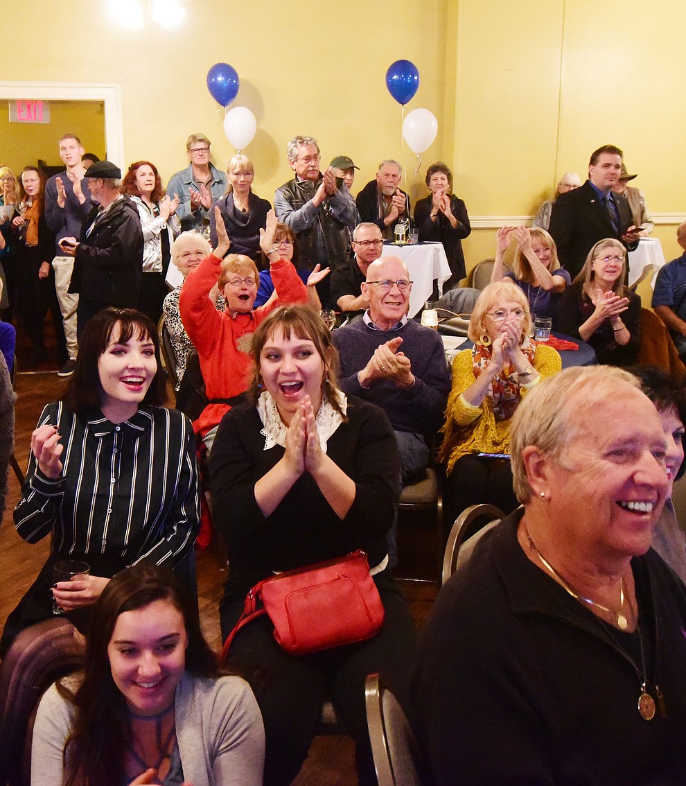 People react as Krysten Sinema takes the United States Senate race lead over Martha McSally during a Democratic election night party at the Hotel St. Michael Tuesday, Nov. 6, 2018 in Prescott.  (Les Stukenberg/Courier).