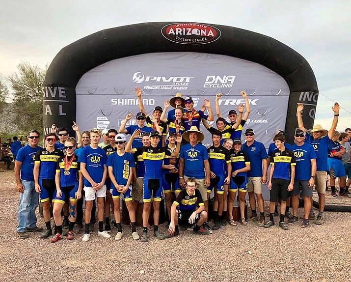 The Prescott mountain biking team poses for a photo after finishing second overall in the Arizona Interscholastic Cycling League state championship for division one Sunday, Nov. 4, 2018, in Waddell. (Courtesy)