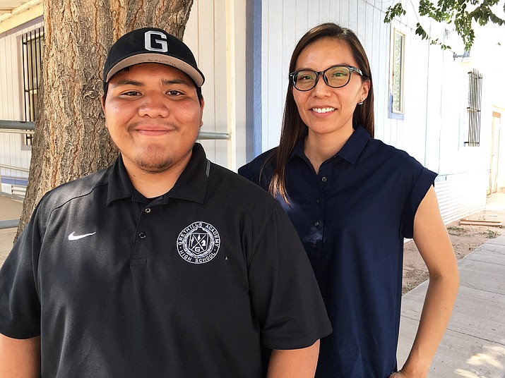 Joaquin Kootswatewa graduated from Greyhills Academy High School in Tuba City and is studying astronomy and aeronautics at Utah State University this fall. He is pictured here with Jessica Jones Aug. 2. (Submitted photo)