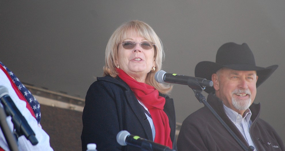 Sen. Karen Fann, R-Prescott and the newly chosen Arizona Senate President, was the master of ceremonies for the 2018 Veterans Day Parade in downtown Prescott on Saturday, Nov. 10. Speakers included Mayor Greg Mengarelli, Fire Chief Dennis Light, Prescott VA Associate Director Lisa Martin, and Embry-Riddle Chancellor and CEO Dr. Frank Ayers. (Tim Wiederaenders/Courier)