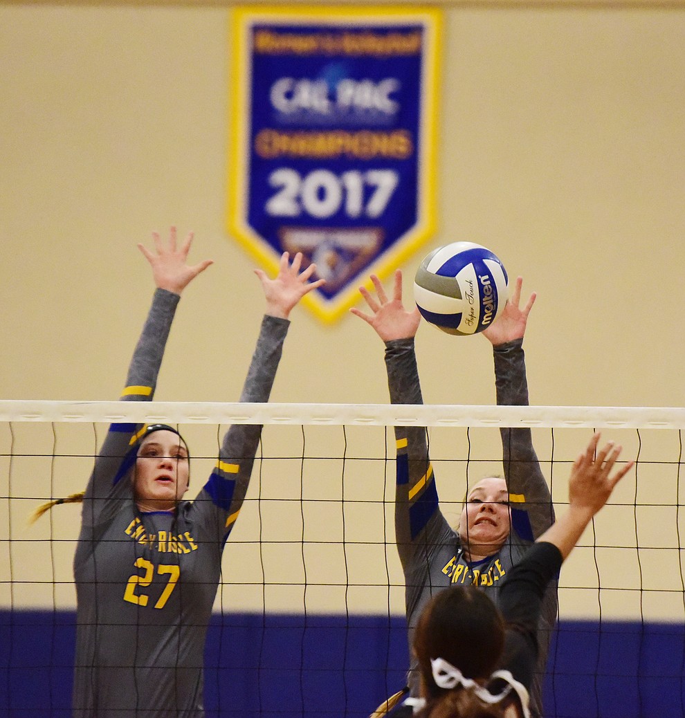 Embry Riddle's Veronica Norkus and Caylee Robalin go for a block as they play Benedictine-Mesa in the CalPac Championship Saturday, Nov. 10, 2018 in Prescott.  (Les Stukenberg/Courier).