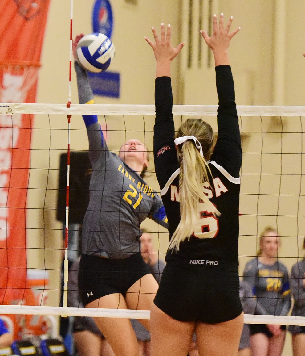 Embry Riddle's Erin Clark goes for a kill as they play Benedictine-Mesa in the CalPac Championship Saturday, Nov. 10, 2018 in Prescott.  (Les Stukenberg/Courier).
