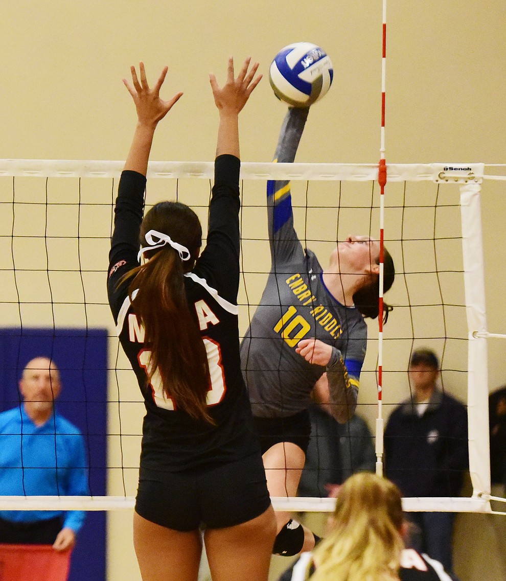 Embry Riddle's Jalin Yoder goes for a kill as they play Benedictine-Mesa in the CalPac Championship Saturday, Nov. 10, 2018 in Prescott.  (Les Stukenberg/Courier).