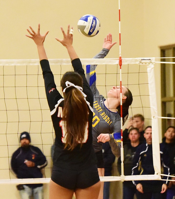 Embry Riddle’s Jalin Yoder goes for a kill as they play Benedictine-Mesa in the CalPac Championship Saturday, Nov. 10, 2018 in Prescott.  (Les Stukenberg/Courier)