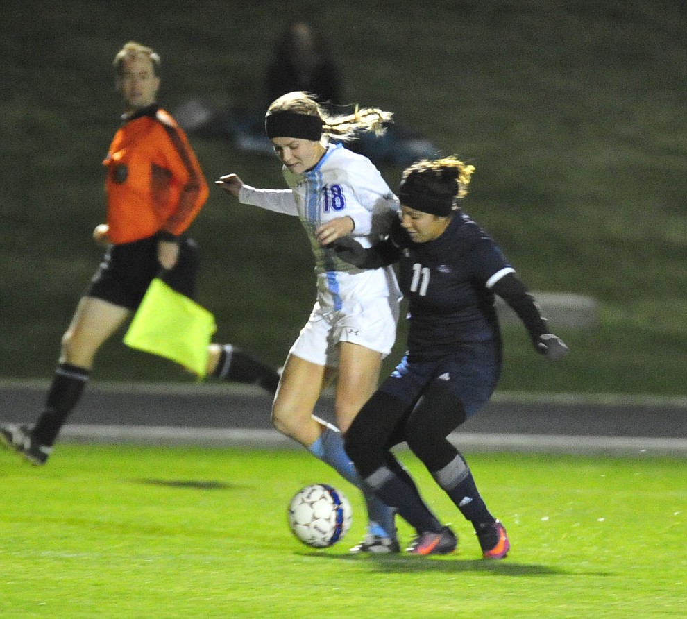Embry Riddle's Breanna Larkin battles for the ball as the Eagles beat UC Merced 1-0 to win the CalPac Championship Saturday, Nov. 10, 2018 in Prescott.  (Les Stukenberg/Courier).