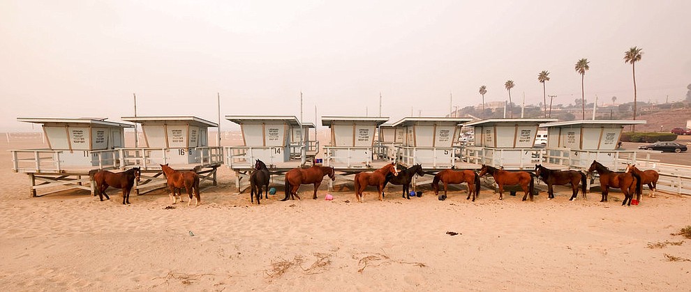 Horses are tied to lifeguard booths on the beach in Malibu, Calif., Saturday, Nov. 10, 2018. Wildfires are burning in both Southern and Northern California. (AP Photo/Ringo H.W. Chiu)