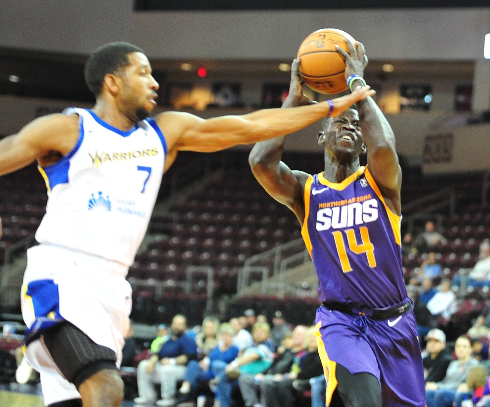 Northern Arizona's Peter Jok gets fouled as the Suns play the Santa Cruz Warriors Tuesday, Nov. 13, 2018 at the Prescott Valley Event Center. (Les Stukenberg/Courier).