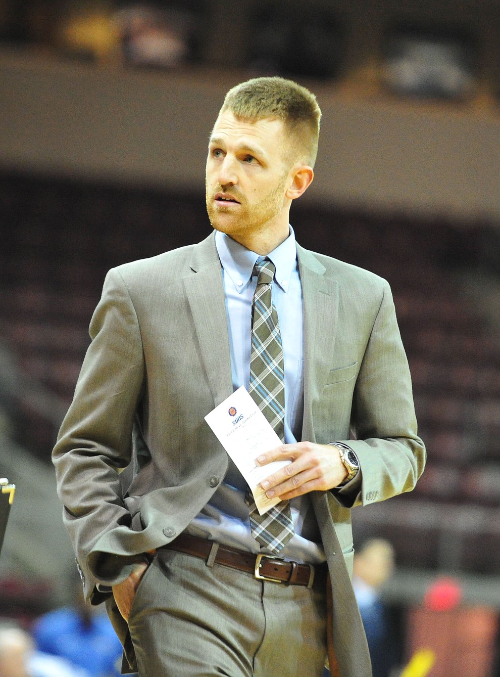 Northern Arizona's Brent Burchard looks to the bench during a timeout as the Suns play the Santa Cruz Warriors Tuesday, Nov. 13, 2018 at the Prescott Valley Event Center. (Les Stukenberg/Courier).