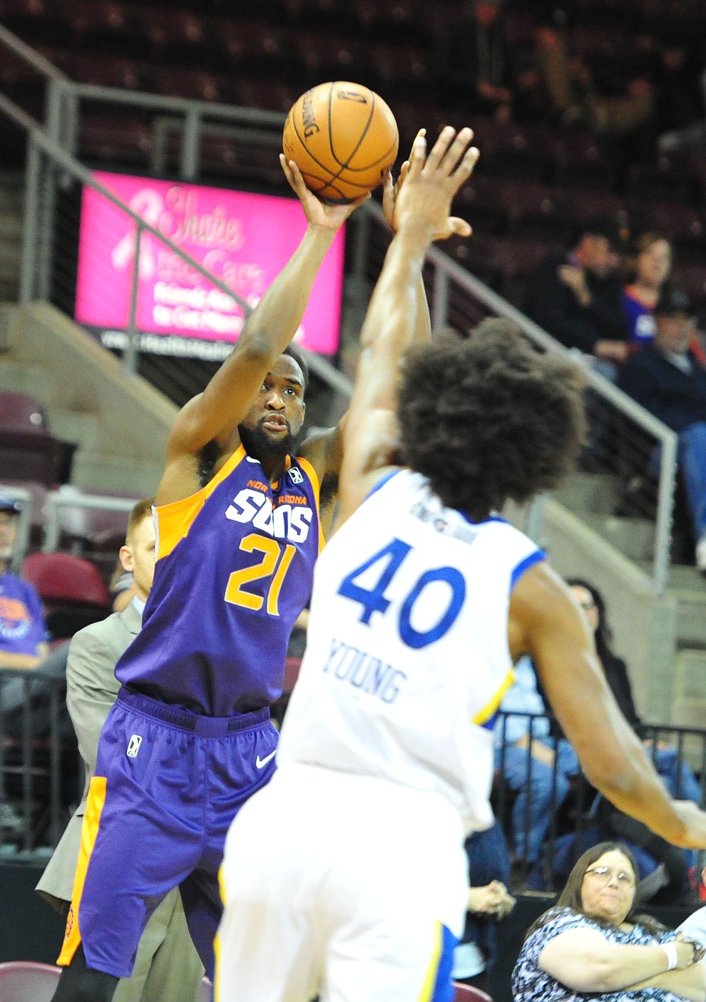 Northern Arizona's Aaron Epps sends up a three-pointer as the Suns play the Santa Cruz Warriors Tuesday, Nov. 13, 2018 at the Prescott Valley Event Center. (Les Stukenberg/Courier).