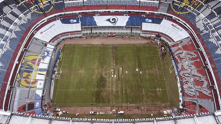 Mexico’s Azteca Stadium is seen from above in Mexico City, Tuesday, Nov. 13, 2018. The NFL has moved the Los Angeles Rams’ Monday night showdown with the Kansas City Chiefs from Mexico City to Los Angeles due to the poor condition of the field at Azteca Stadium. (Christian Palma/AP)