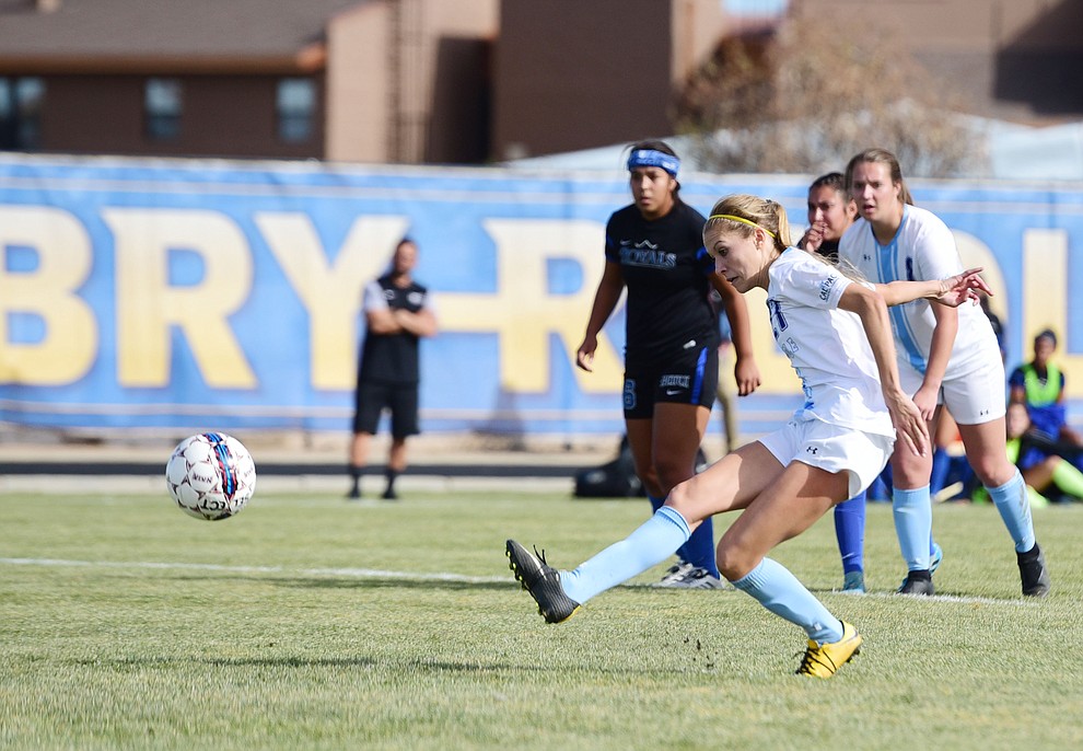 Embry Riddle's Maddy Mak scores on a penalty kick as the Eagles take on Hope International in the first round of the NAIA National Championship Tournament in Prescott Saturday, November 17, 2018. (Les Stukenberg/Courier).