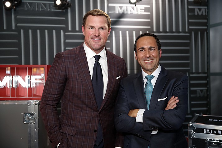 Former NFL player and now analyst Jason Witten, left, and play-by-play commentator Joe Tessitore before their ESPN telecast of a preseason NFL football game Thursday, Aug. 16, 2018. (Alex Brandon/AP, File)