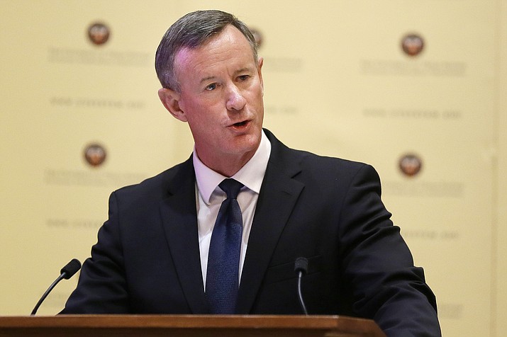 In this Aug. 21, 2014, file photo, Navy Adm. William McRaven addresses the Texas Board of Regents in Austin, Texas. President Donald Trump is drawing heavy criticism for faulting a war hero for not capturing al-Qaida leader Osama bin Laden sooner. Trump took shots at retired Adm. William McRaven in a Fox News interview Sunday, Nov. 18, 2018, in which he also asserted that the former Navy SEAL was a “backer” of Trump’s 2016 rival, Hillary Clinton (AP Photo/Eric Gay, File)