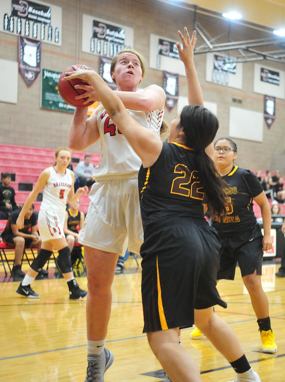 Bradshaw Mountain's Delanie Clark goes up hard as the Bears take on Marcos de Niza Tuesday, Nov. 27, 2018 in Prescott Valley. (Les Stukenberg/Courier).