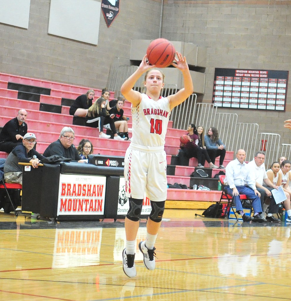 Bradshaw Mountain's Brinlee Kidd launches a three-pointer as the Bears take on Marcos de Niza Tuesday, Nov. 27, 2018 in Prescott Valley. (Les Stukenberg/Courier).