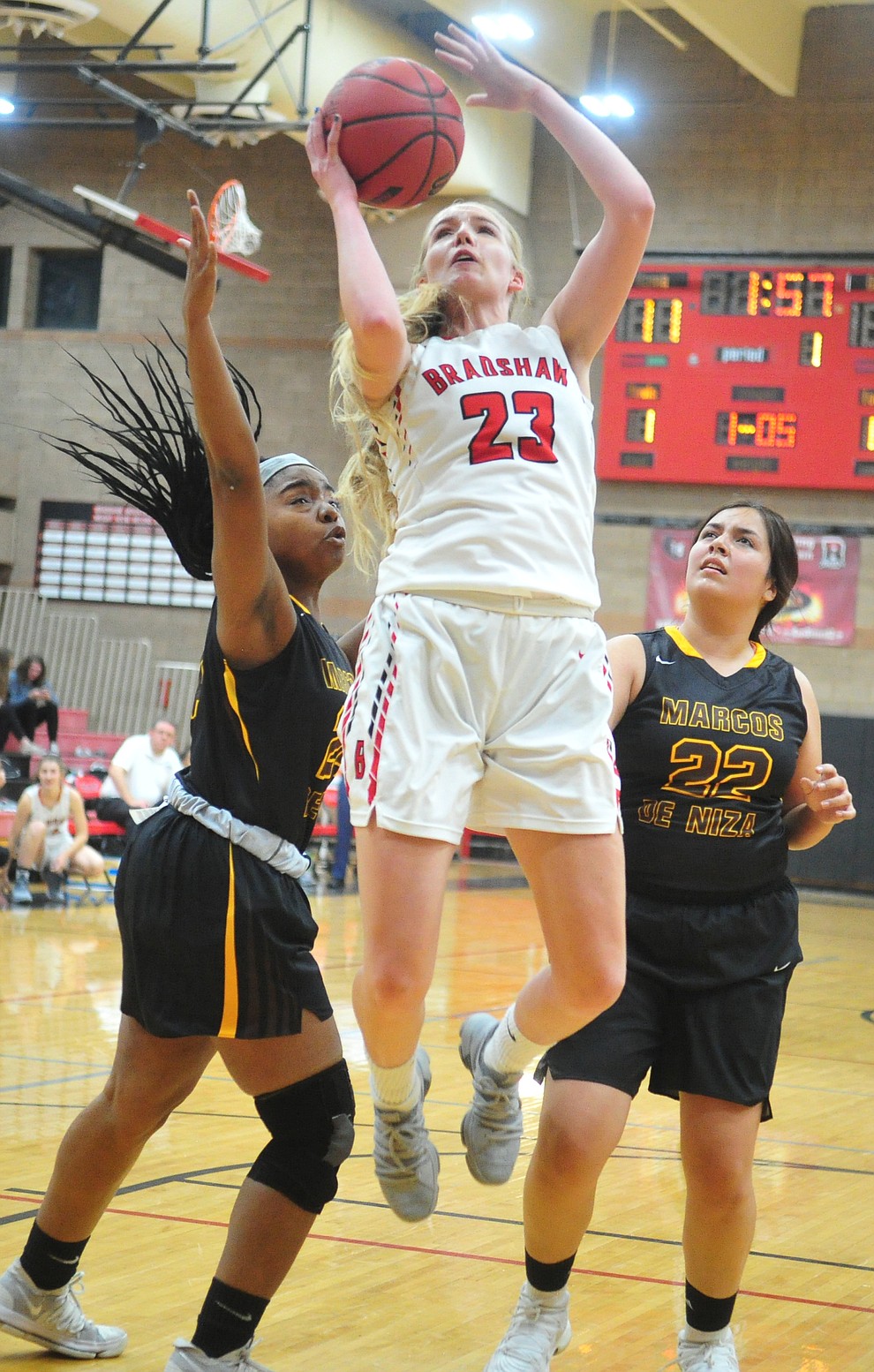 Bradshaw Mountain's Rylee Bundrick goes up in the lane as the Bears take on Marcos de Niza Tuesday, Nov. 27, 2018 in Prescott Valley. (Les Stukenberg/Courier).