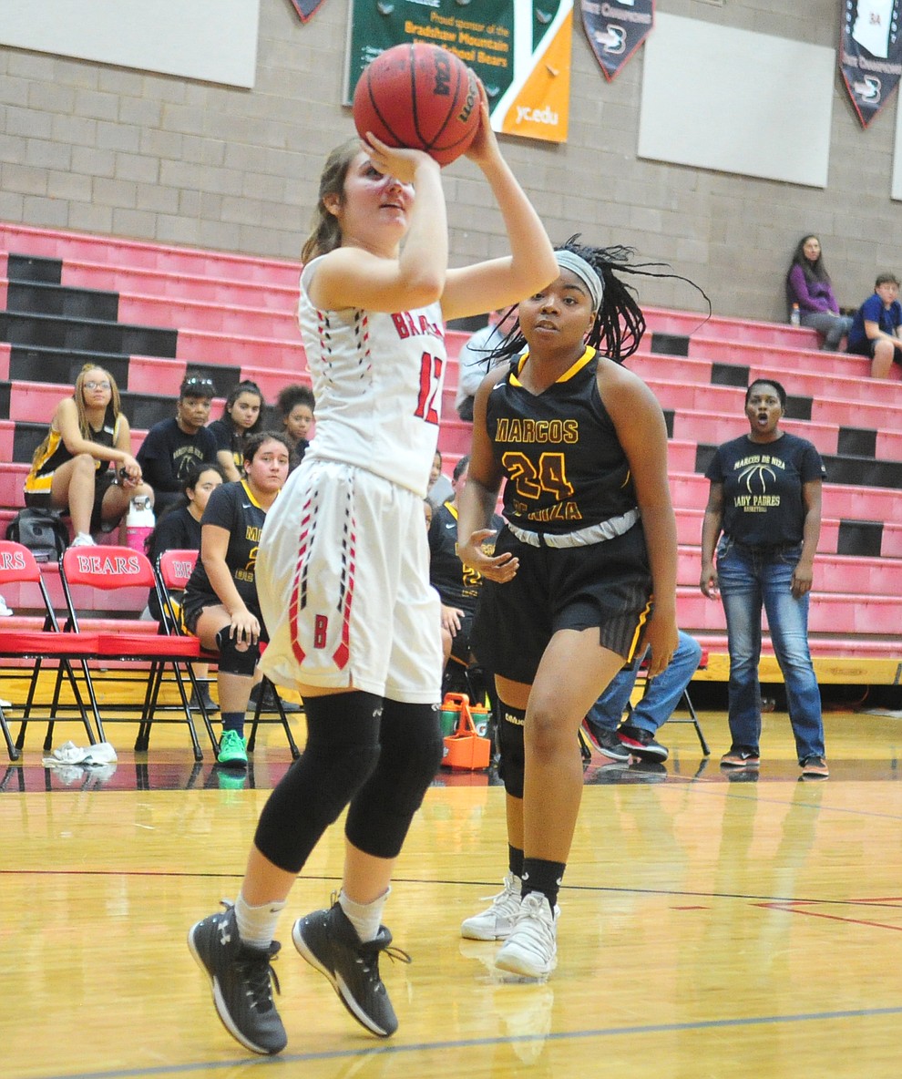 Bradshaw Mountain's Macy Fournier takes a shot as the Bears take on Marcos de Niza Tuesday, Nov. 27, 2018 in Prescott Valley. (Les Stukenberg/Courier).