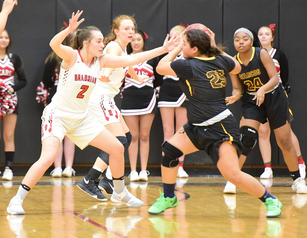 Bradshaw Mountain's Peyton Bradshaw defends as the Bears take on Marcos de Niza Tuesday, Nov. 27, 2018 in Prescott Valley. (Les Stukenberg/Courier).