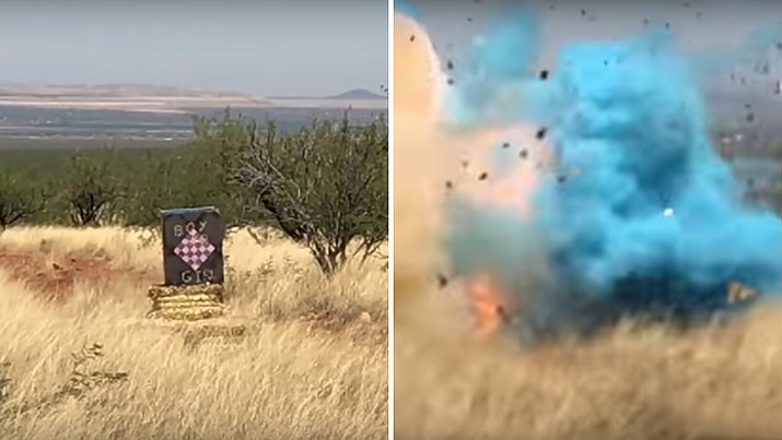 As part of a gender reveal party, an off-duty Arizona Border Patrol agent put an explosive powder inside a target labeled "Boy" and "Girl.” He placed it in a field surrounded by tall grass in Green Valley south of Tucson. Shots struck the target, which created a flash of blue powder when it exploded and ignited the dry grass, causing the fast-moving April 2017 Sawmill fire. (U.S. Forest Service)