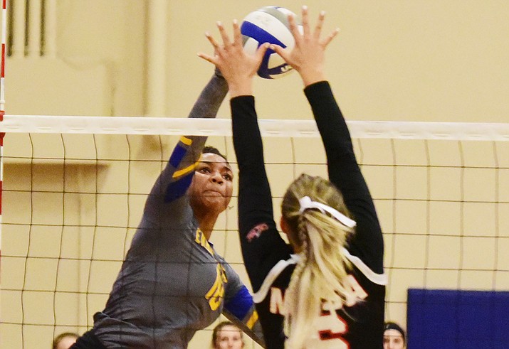 Embry Riddle's Sharik Joseph goes for a kill as they play Benedictine-Mesa in the CalPac Championship Saturday, Nov. 10, 2018 in Prescott.  (Les Stukenberg/Courier file)
