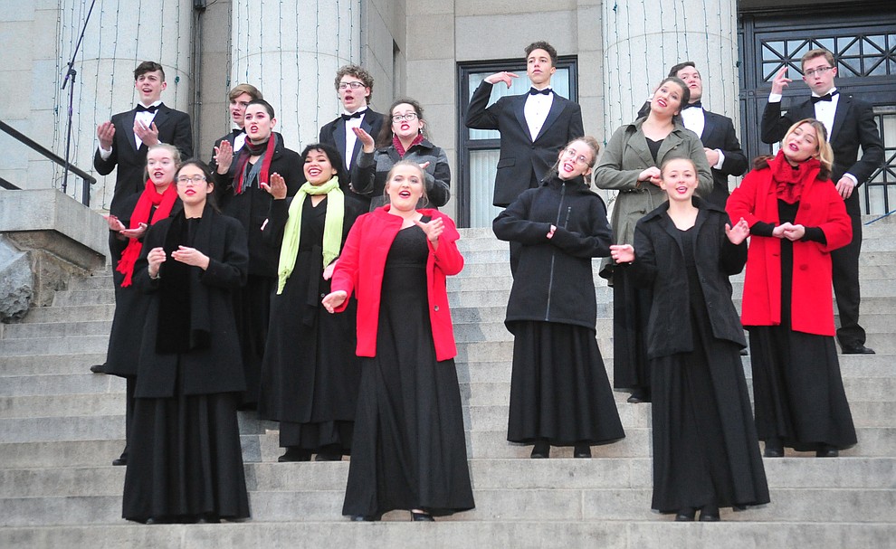 The Prescott High School Show Choir performs as part of the 64th Annual Christmas Yavapai County Courthouse Lighting in downtown Prescott Satuday, Dec. 1, 2018. (Les Stukenberg/Courier).