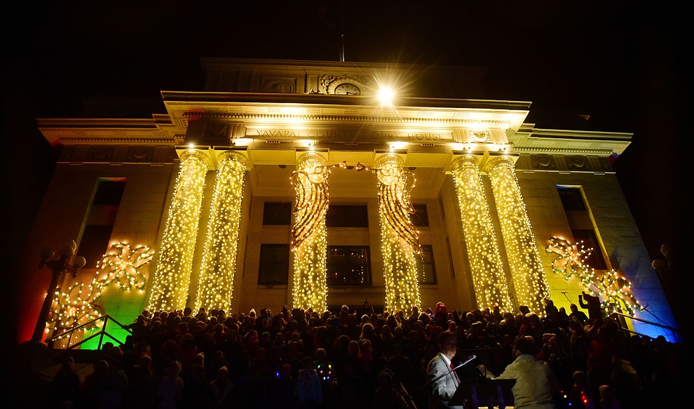 The lights come on as part of the 64th Annual Christmas Yavapai County Courthouse Lighting in downtown Prescott Satuday, Dec. 1, 2018. (Les Stukenberg/Courier).