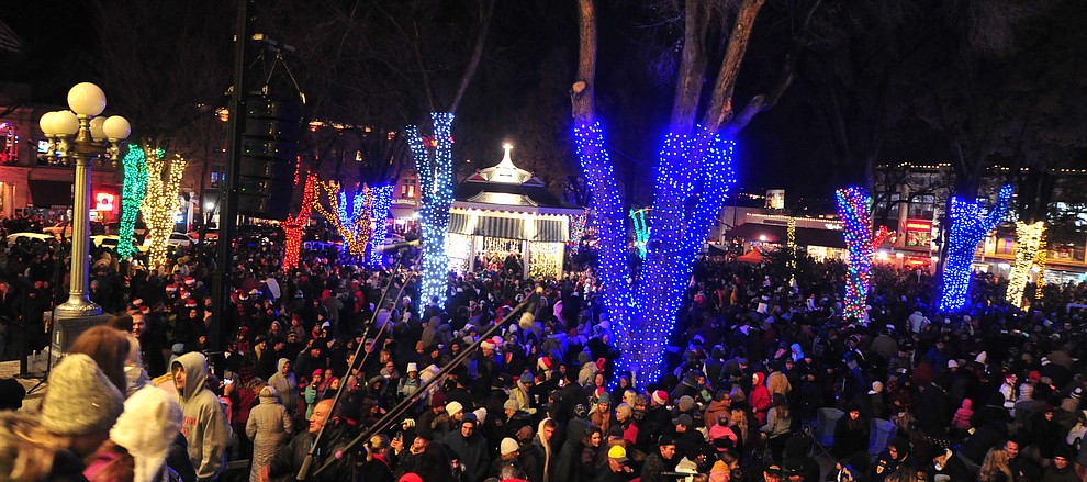 The lights come on as part of the 64th Annual Christmas Yavapai County Courthouse Lighting in downtown Prescott Satuday, Dec. 1, 2018. (Les Stukenberg/Courier).