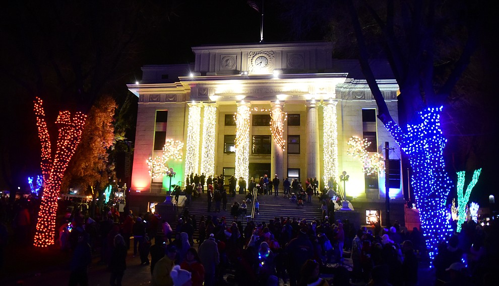 The lights come on as part of the 64th Annual Christmas Yavapai County Courthouse Lighting in downtown Prescott Satuday, Dec. 1, 2018. (Les Stukenberg/Courier).