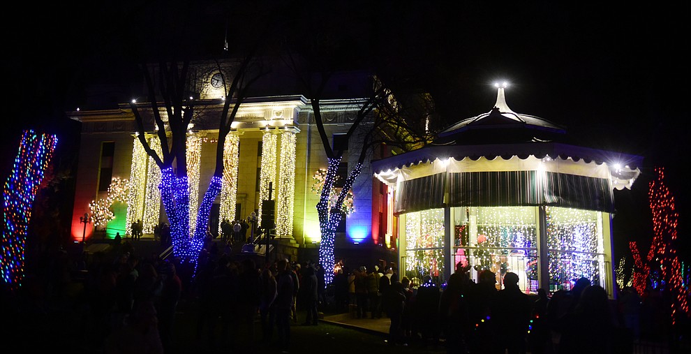 The lights come on as part of the 64th Annual Christmas Yavapai County Courthouse Lighting in downtown Prescott Satuday, Dec. 1, 2018. (Les Stukenberg/Courier).