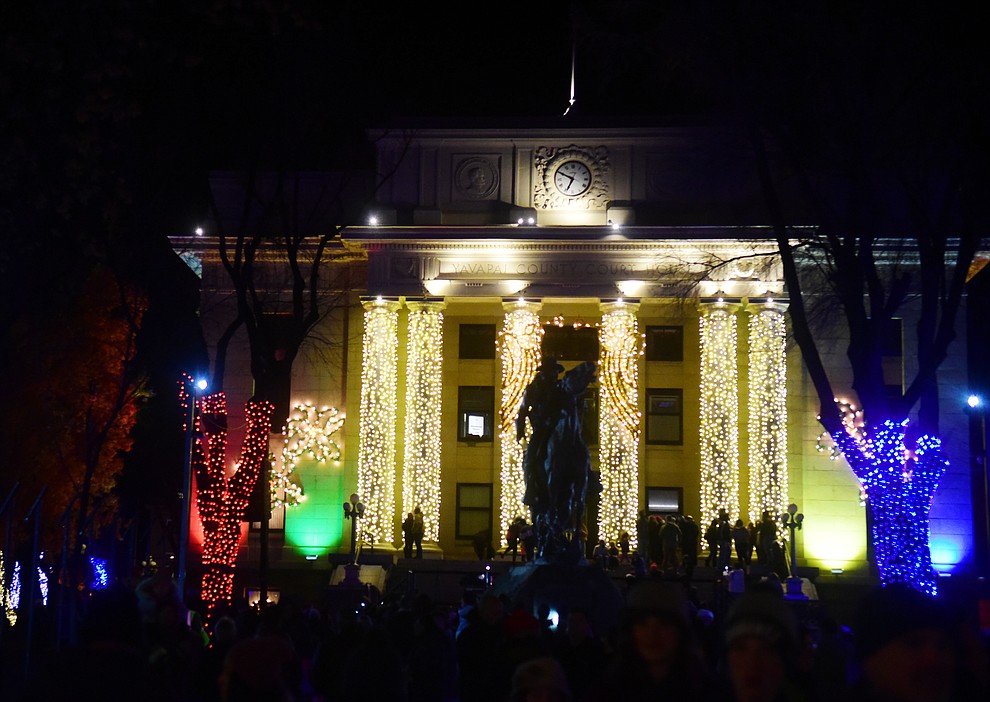The lights come on as part of the 64th Annual Christmas Yavapai County Courthouse Lighting in downtown Prescott Satuday, Dec. 1, 2018. (Les Stukenberg/Courier).