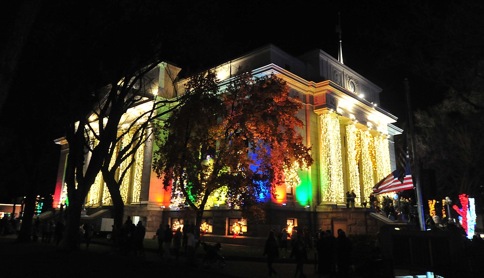The lights come on as part of the 64th Annual Christmas Yavapai County Courthouse Lighting in downtown Prescott Satuday, Dec. 1, 2018. (Les Stukenberg/Courier).
